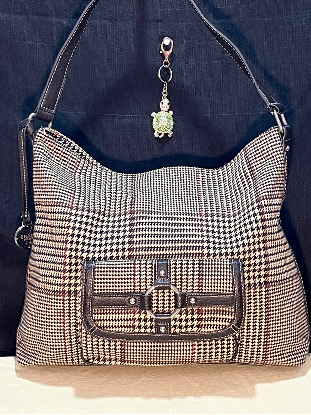 Chaps Black & White Houndstooth Shoulder Bag with Brown Trim